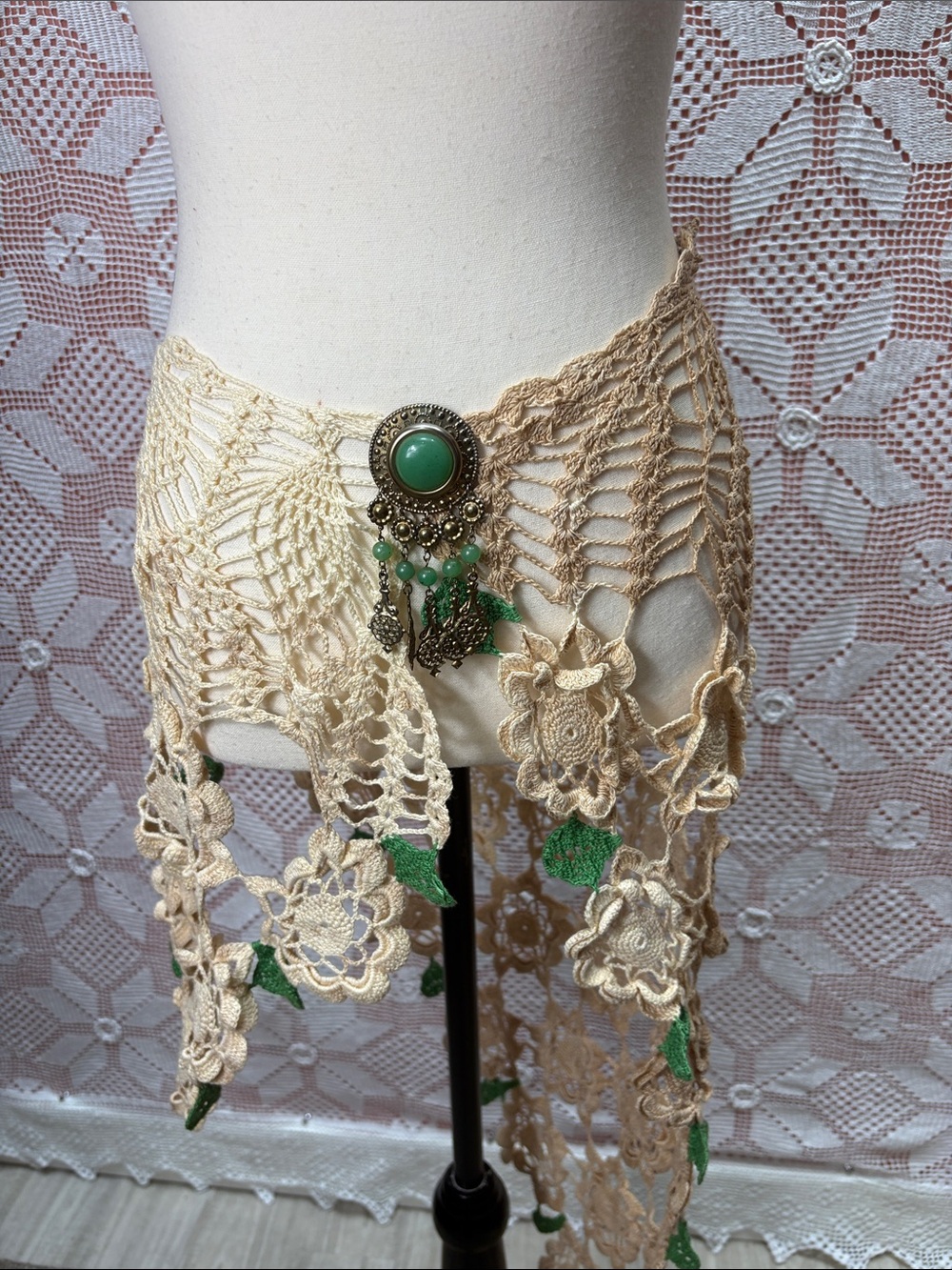 Crochet Floral Boho Hip Scarf Belt with Brooch - Picture 11 of 11